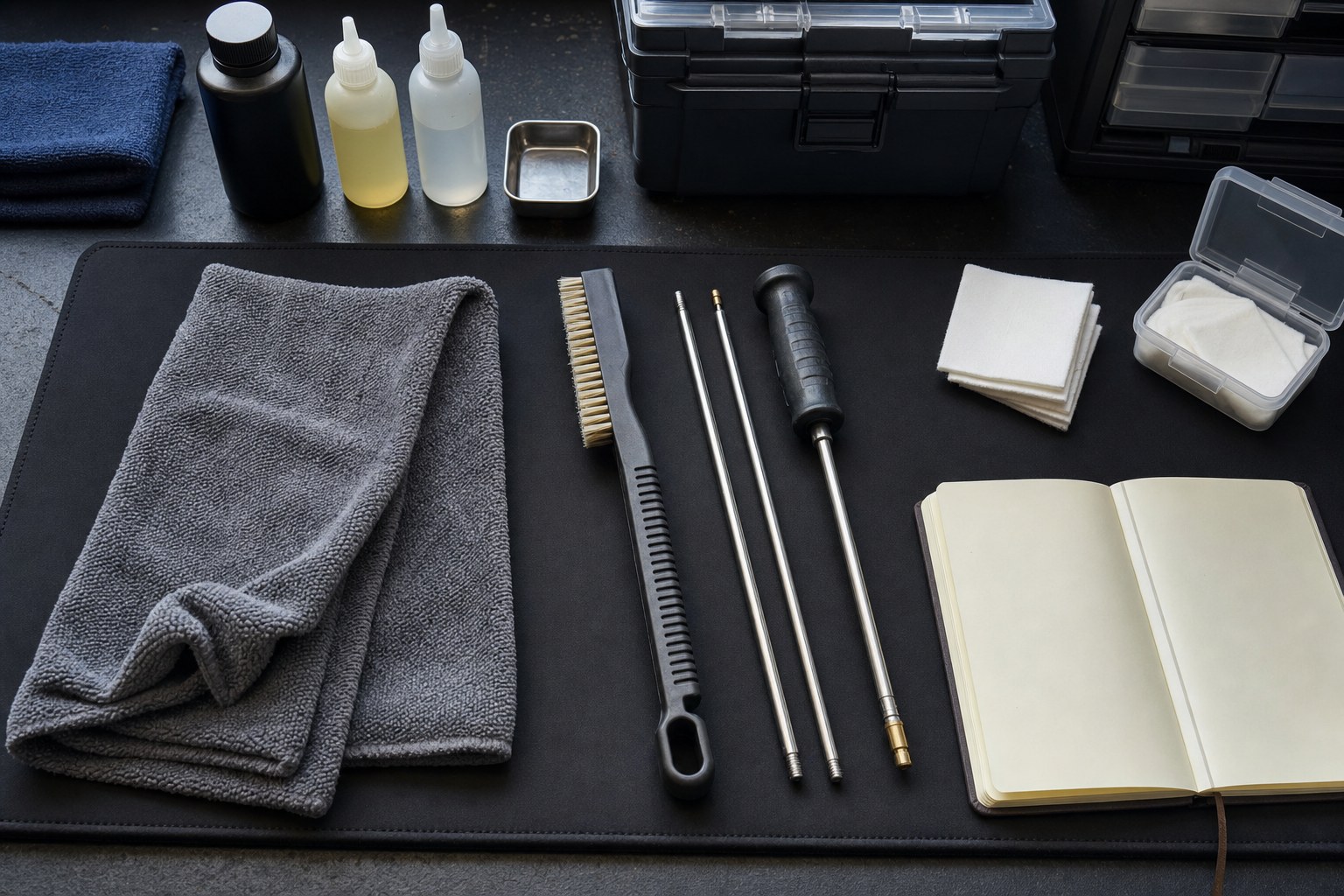 Firearm cleaning supplies arranged on a dark workbench