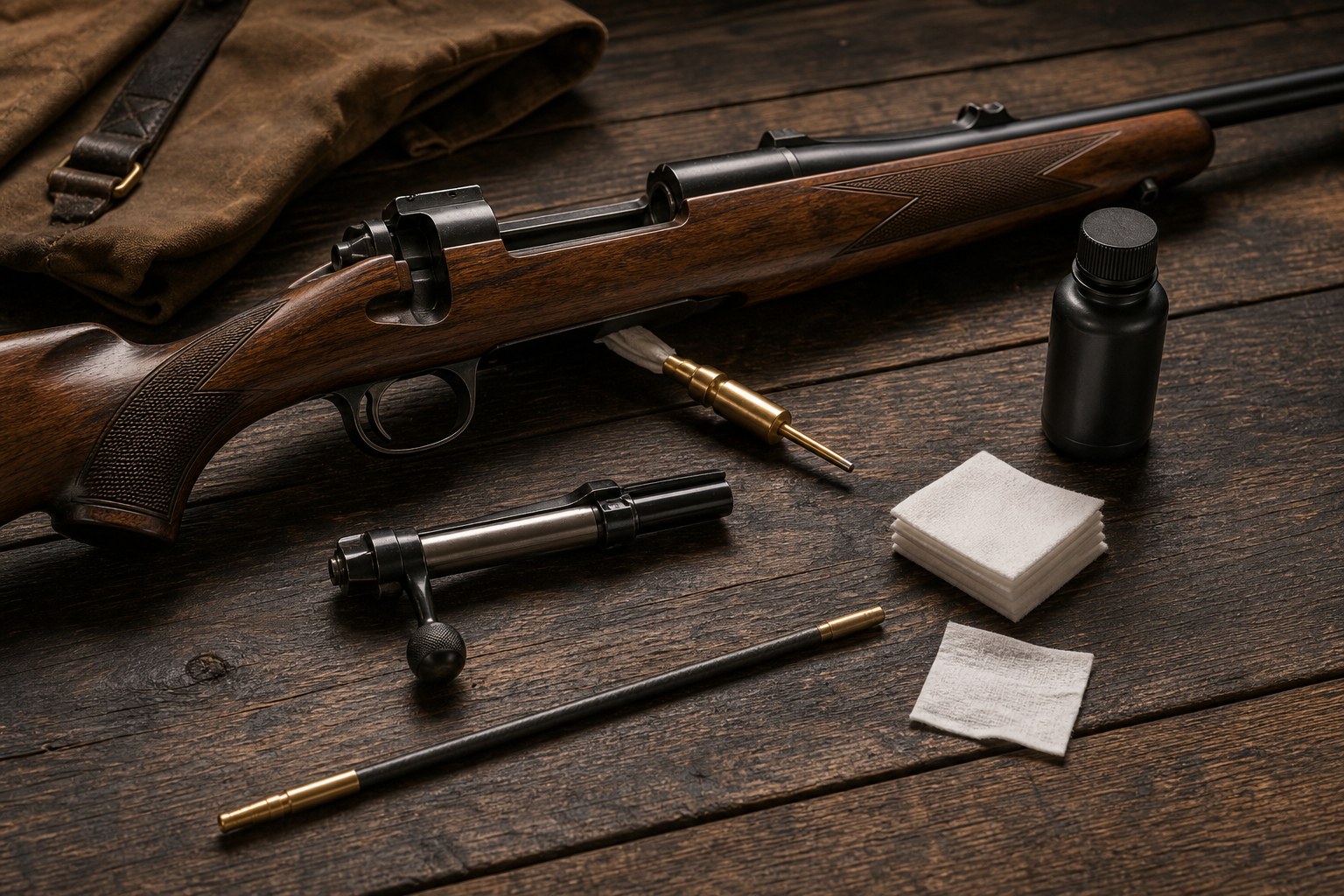 Bolt-action hunting rifle and bore-cleaning tools on a workbench