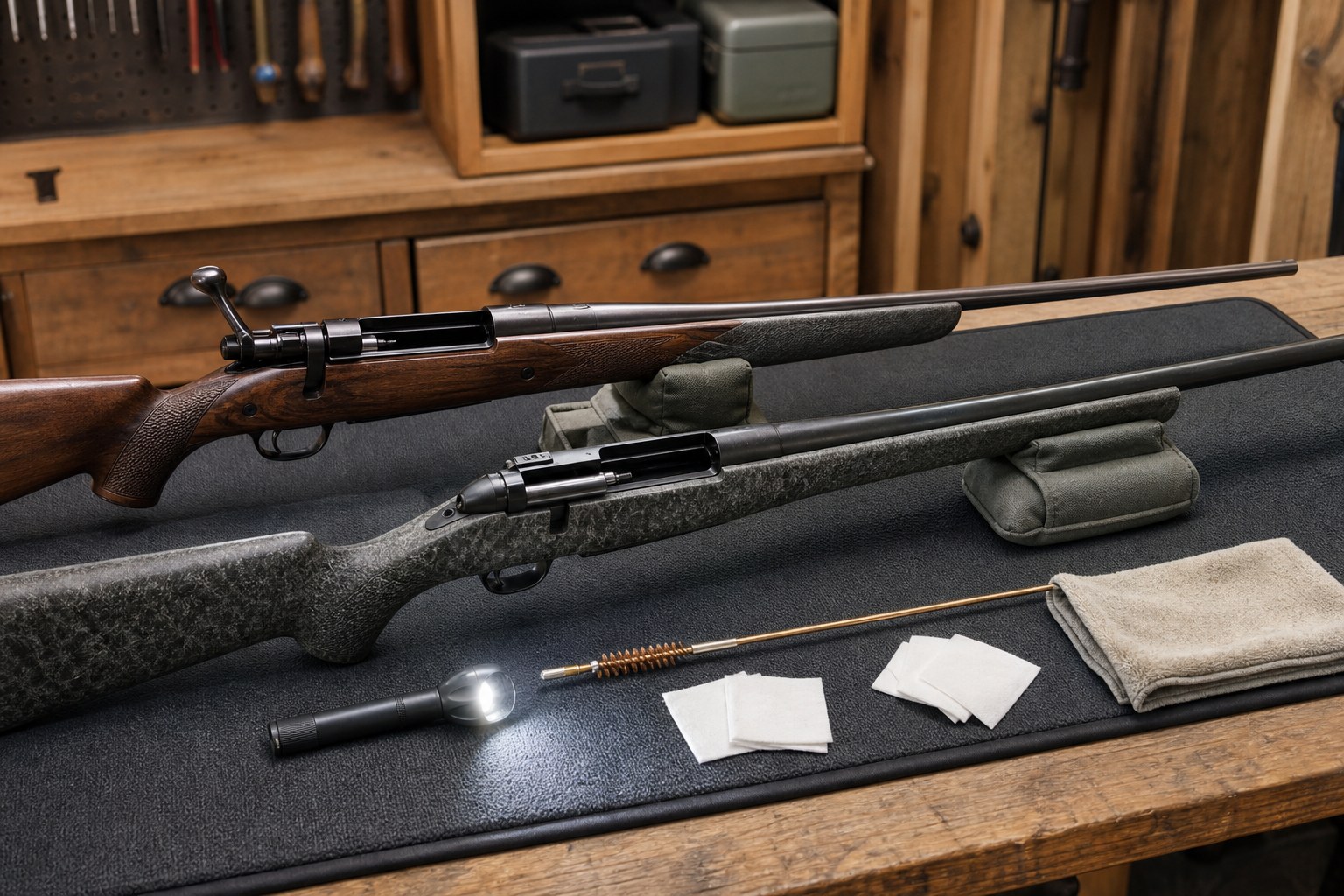 Safely unloaded long gun with open action beside a storage case