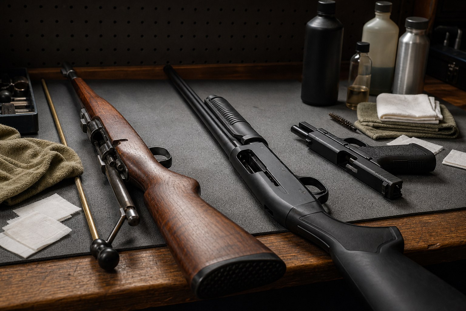 Rifle cleaning supplies arranged on a workbench
