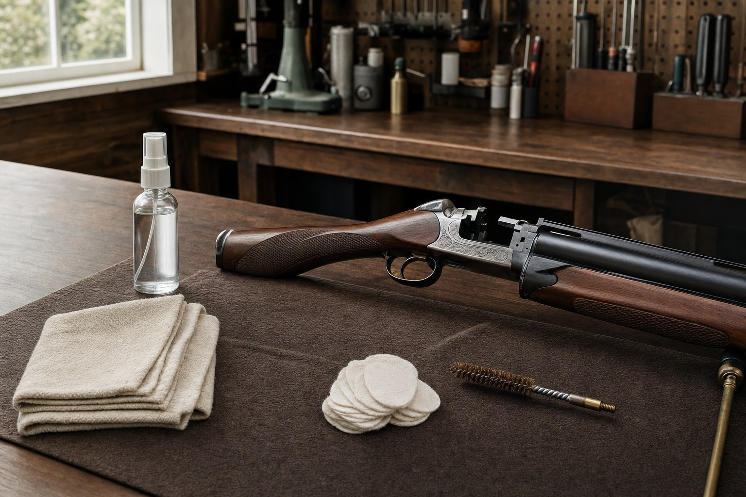 Unloaded break-action firearm on a clean maintenance bench
