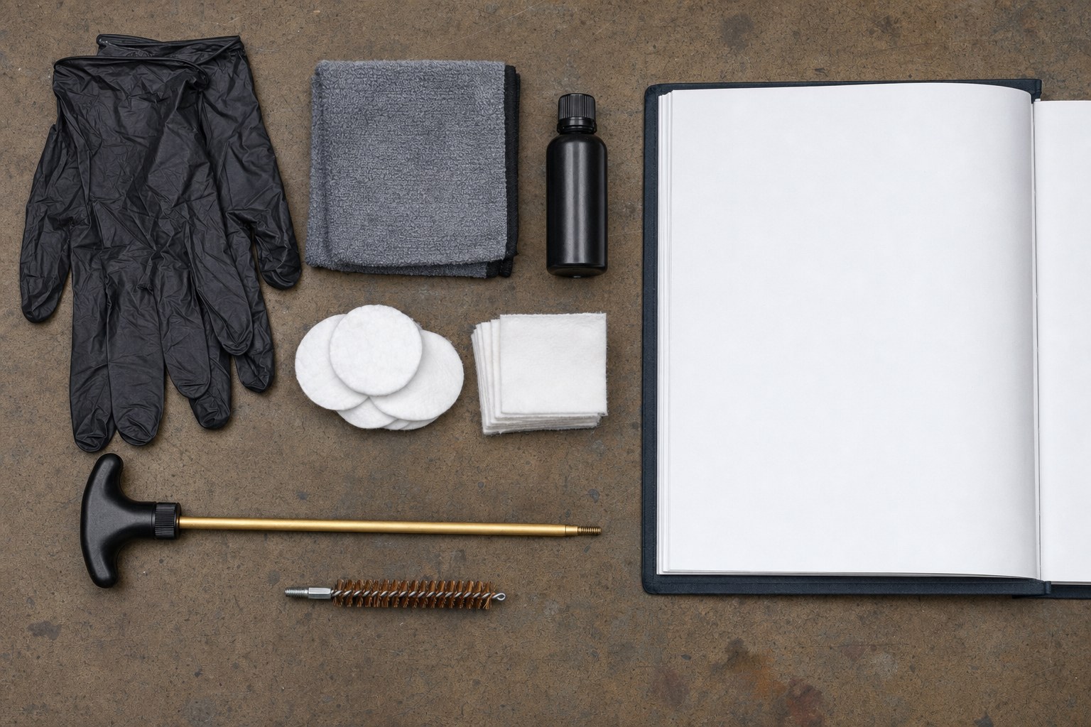 Organized cleaning supplies, gloves, patches and a notebook on a workshop surface
