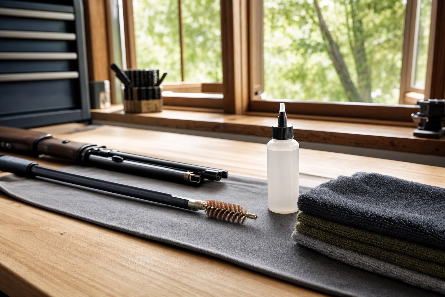Bright ventilated firearm-maintenance bench with cleaning tools and an unlabeled bottle