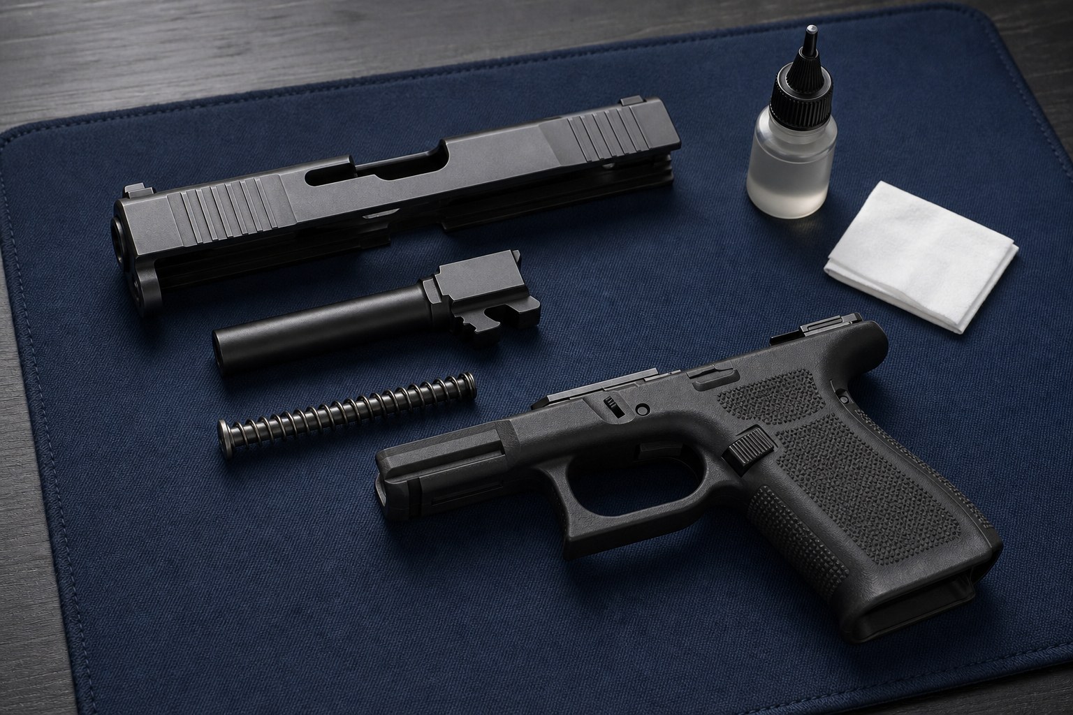 Field-stripped semi-automatic pistol components on a blue maintenance mat