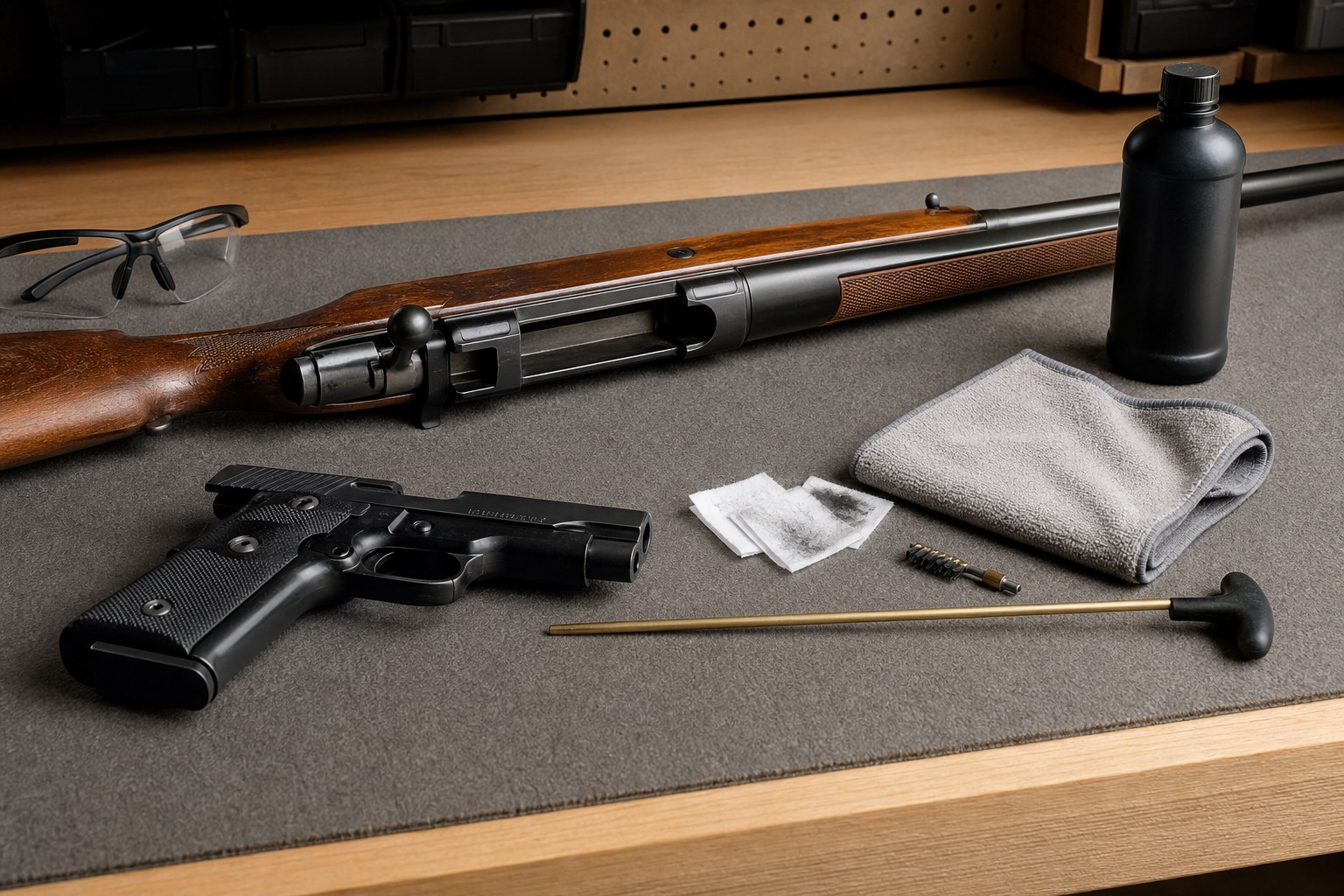 Unloaded pistol and rifle on a cleaning bench after use