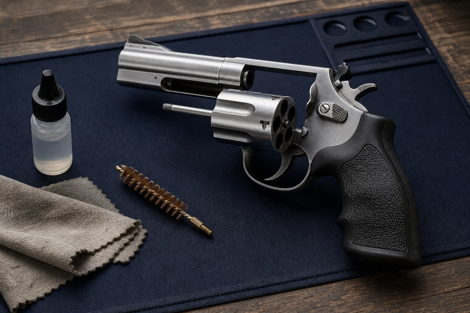 Unloaded revolver with an open cylinder on a gunsmithing mat