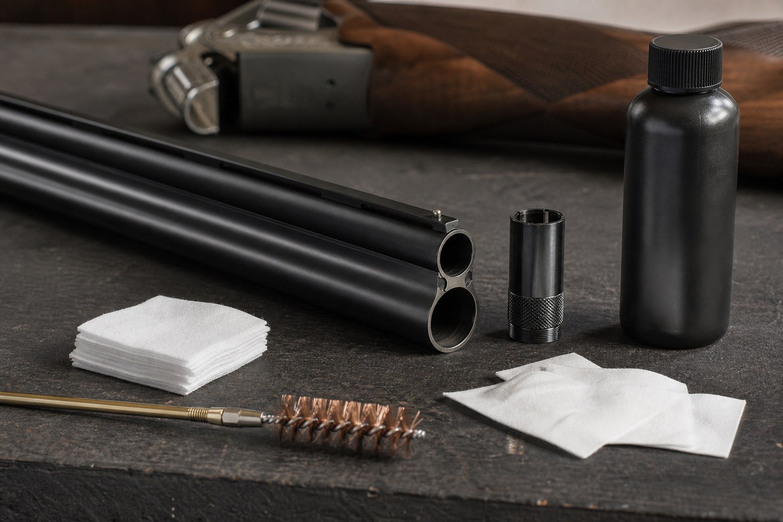 Shotgun barrel, choke tube and cleaning tools on a workbench