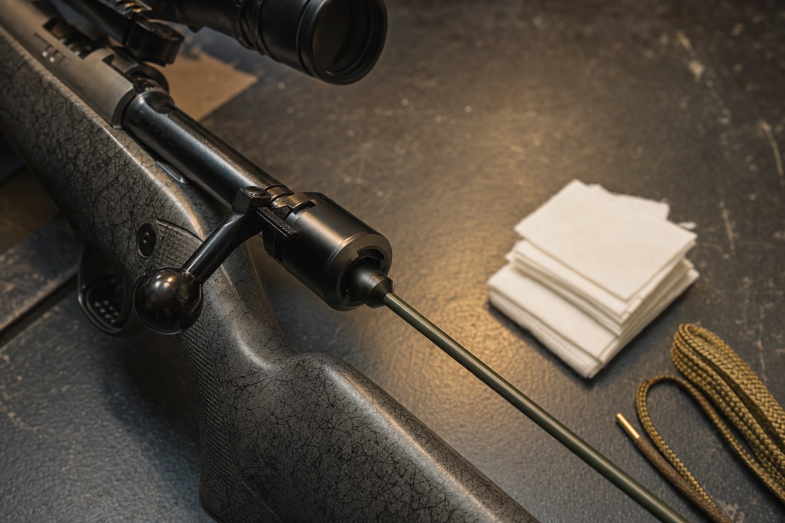 Bore guide and coated cleaning rod at the rear of an unloaded hunting rifle