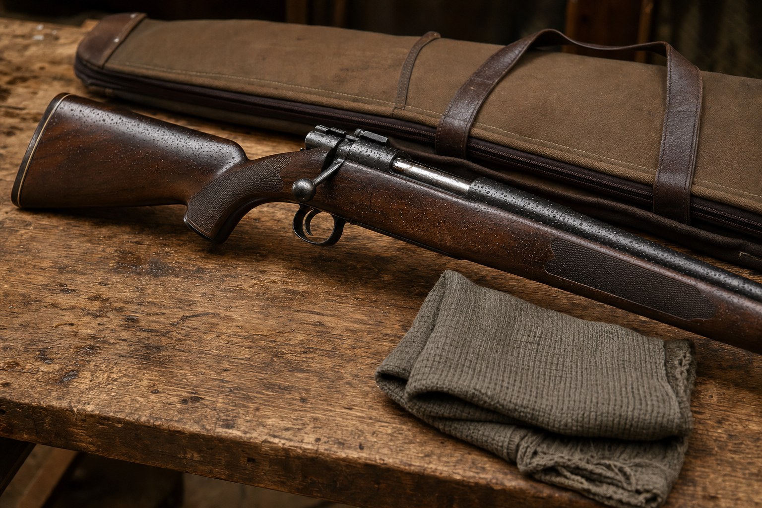 Hunting rifle beside a clean case and cloth after a field inspection