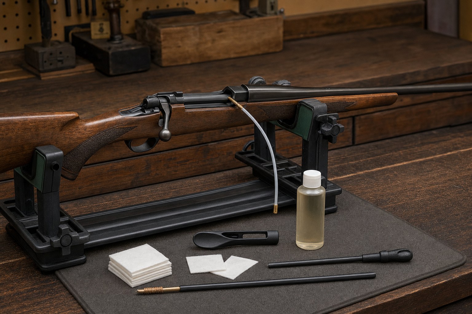 Unloaded hunting rifle on a workbench with cleaning rod, patches and bore guide