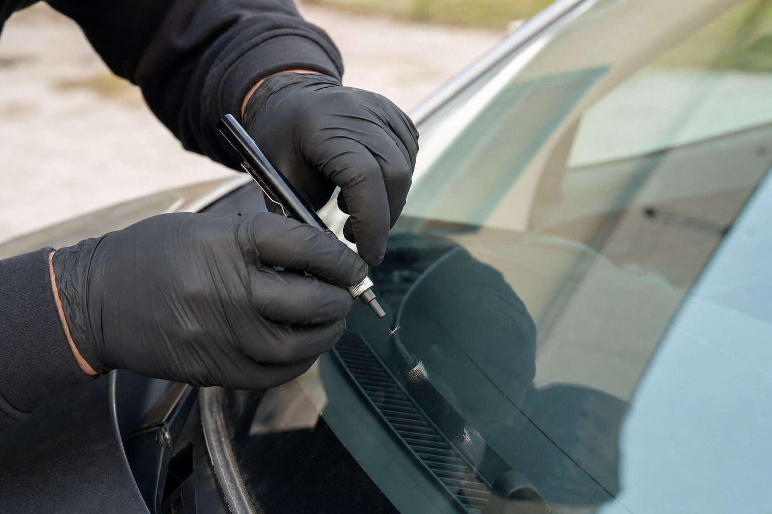 Gloved technician inspecting a small windshield rock chip