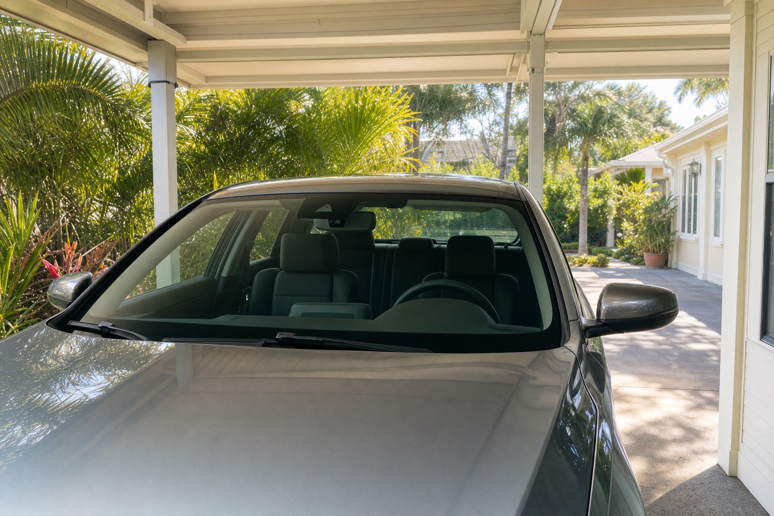 Vehicle parked beneath a covered Florida carport