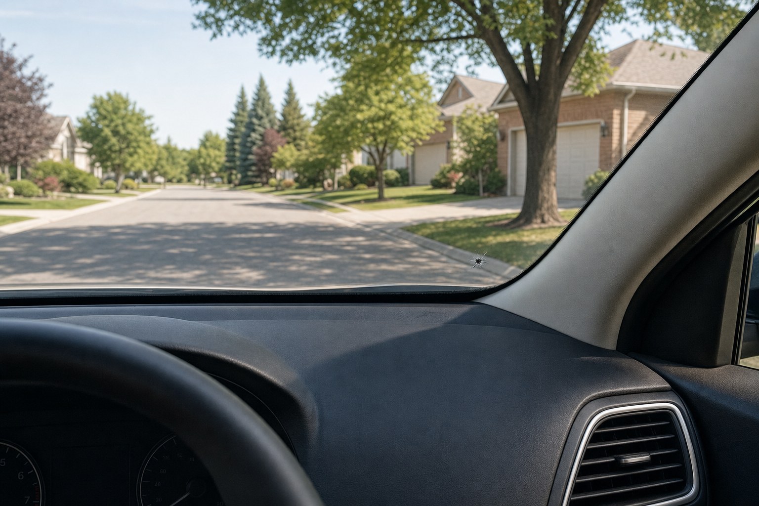 View through a windshield with a small chip low on the passenger side