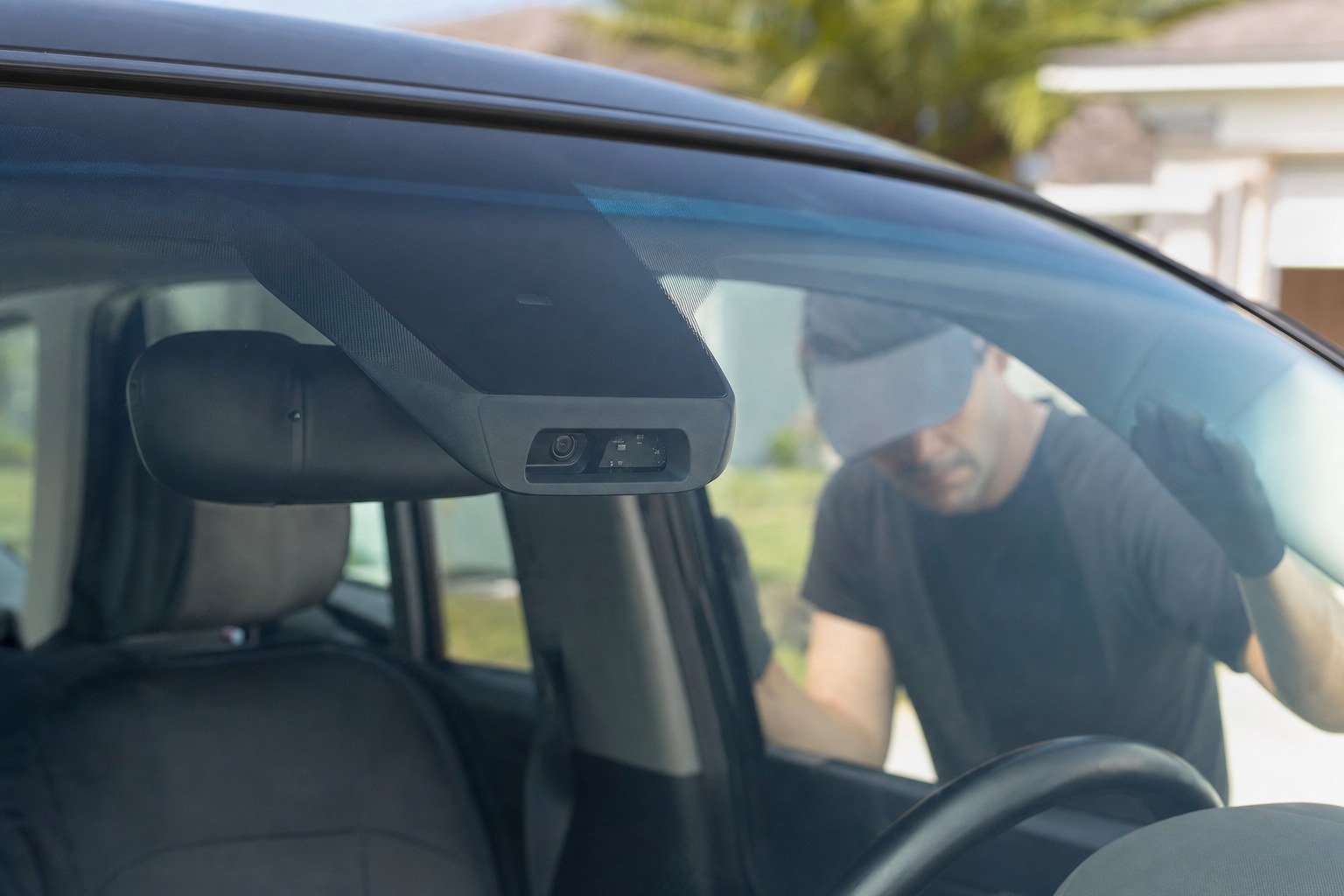 Forward-facing camera housing mounted near a vehicle rearview mirror