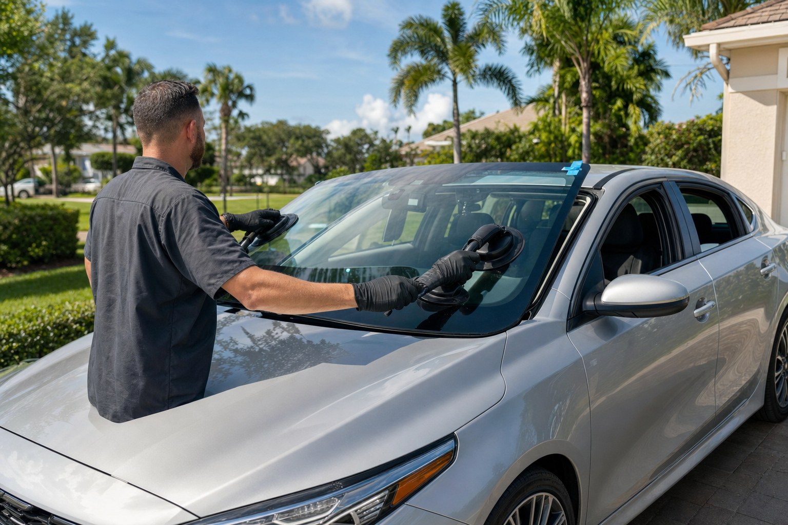 Auto glass technician setting a new windshield into a silver sedan in a Florida driveway