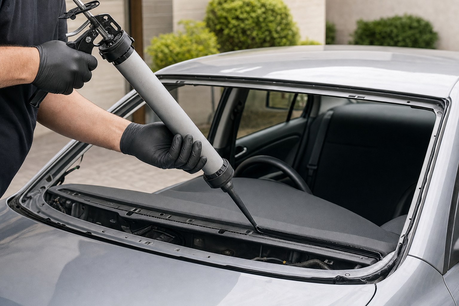 Technician applying automotive glass adhesive around a windshield frame
