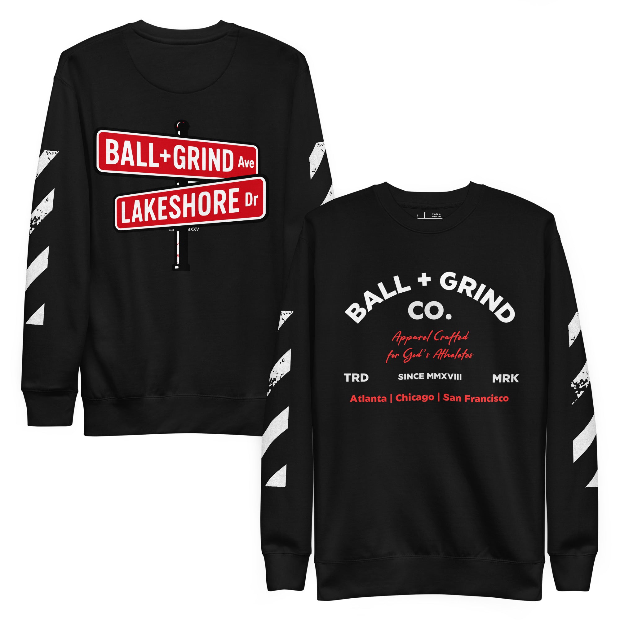Front and back of the BALL+GRIND Co. crewneck
