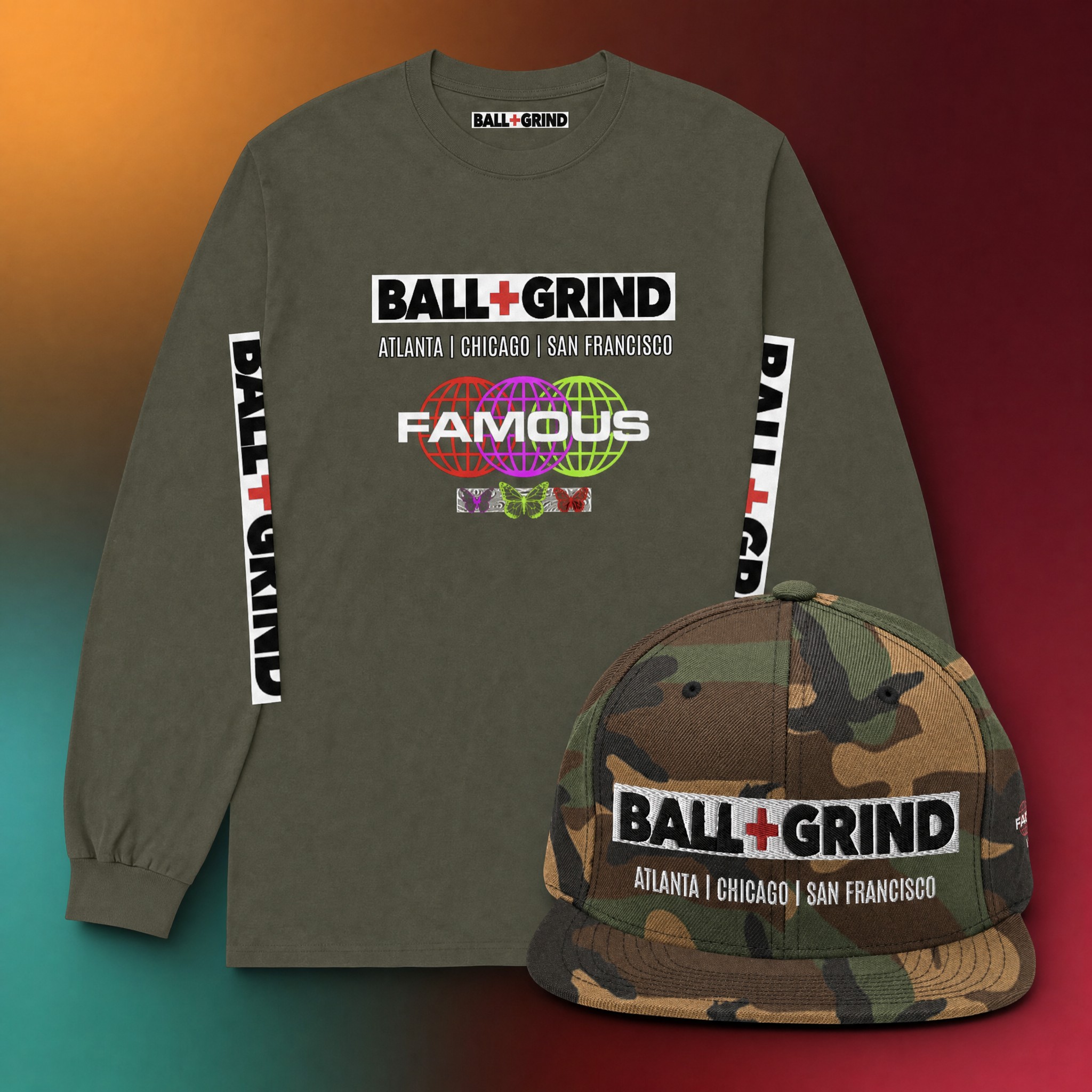 Ball+Grind Famous long-sleeve shirt and camouflage cap