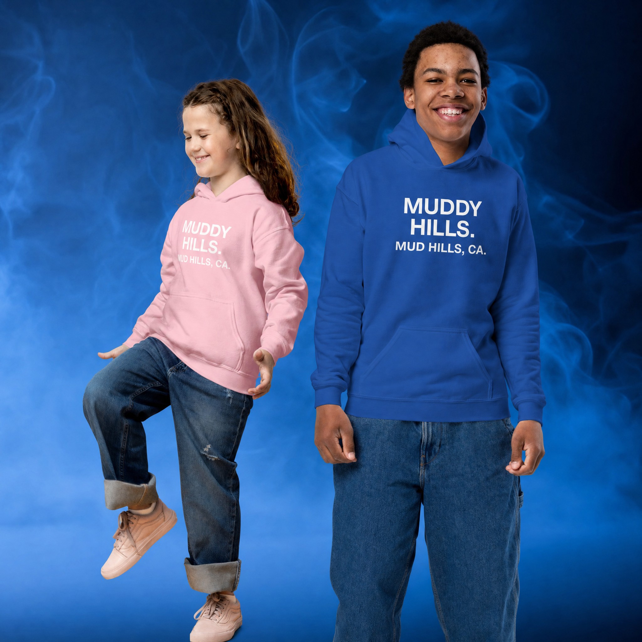 Youth athletes wearing Muddy Hills hoodies