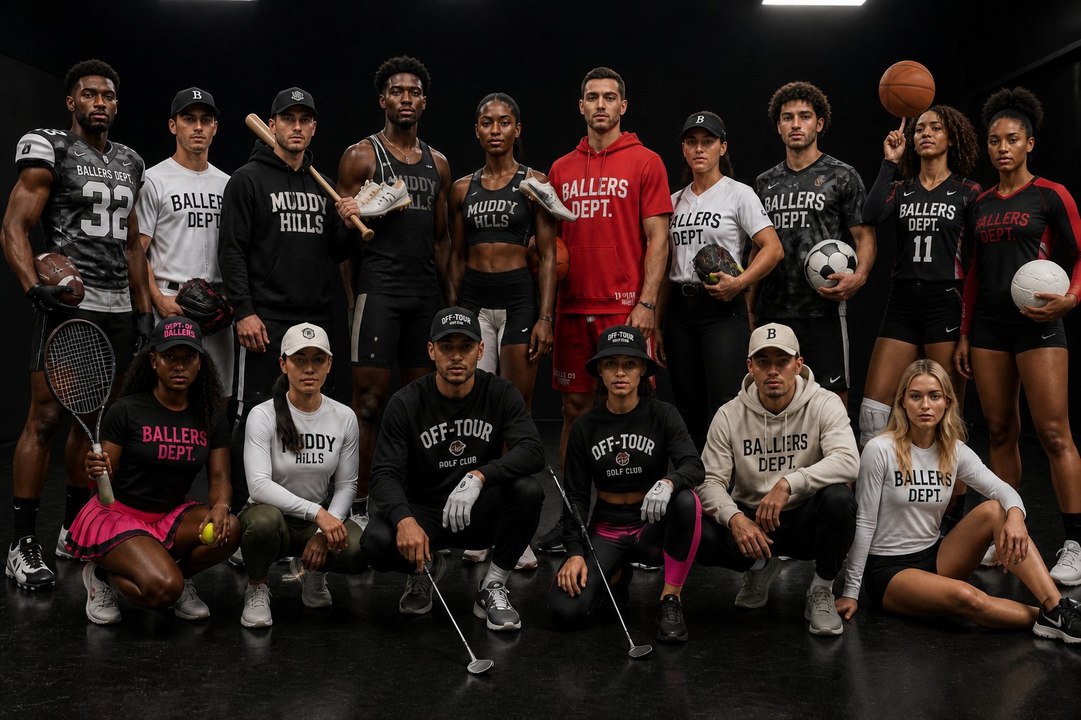 BALL+GRIND athletes, including a baseball player with a bat on his shoulder and a basketball player spinning a ball on her finger