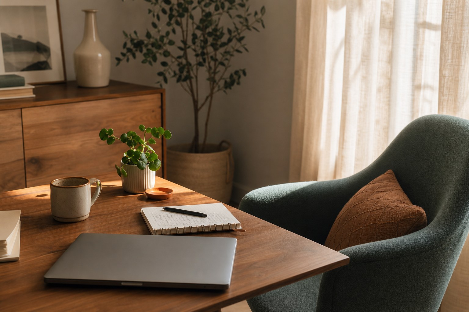 A quiet home workspace with a journal, tea, and an empty chair