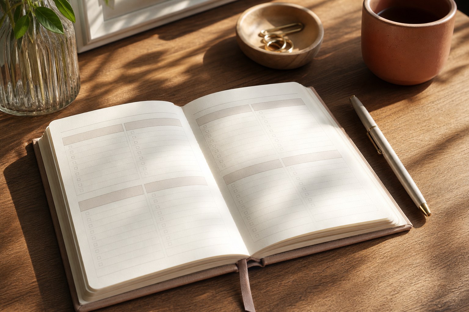 A weekly planner and pen on a warm wooden desk
