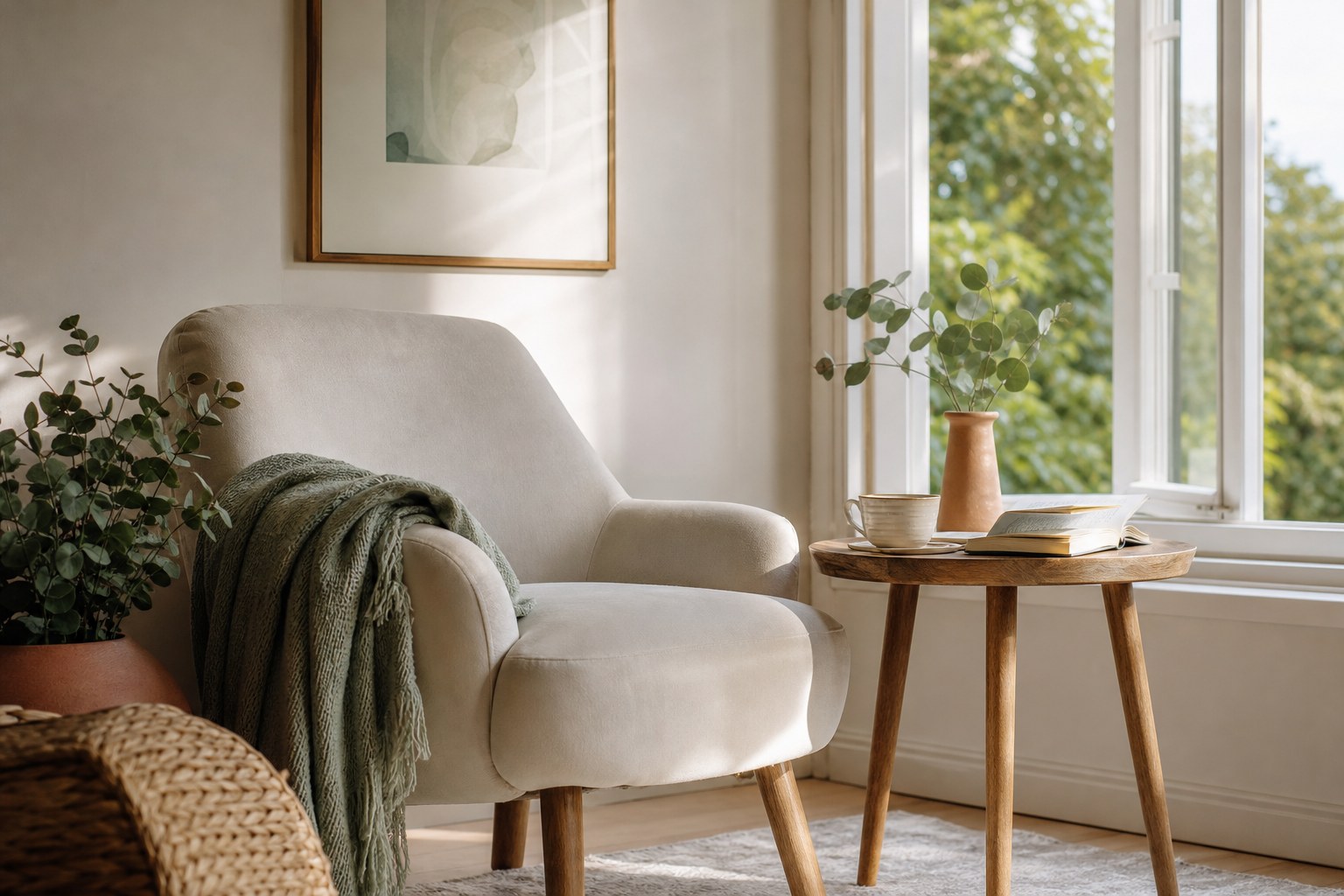 A quiet reading chair beside tea and a book
