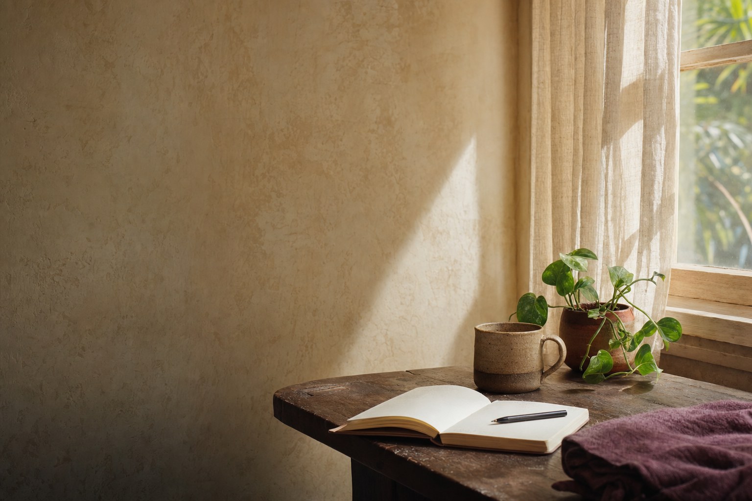 Sunlit notebook, tea, and houseplant in a quiet home