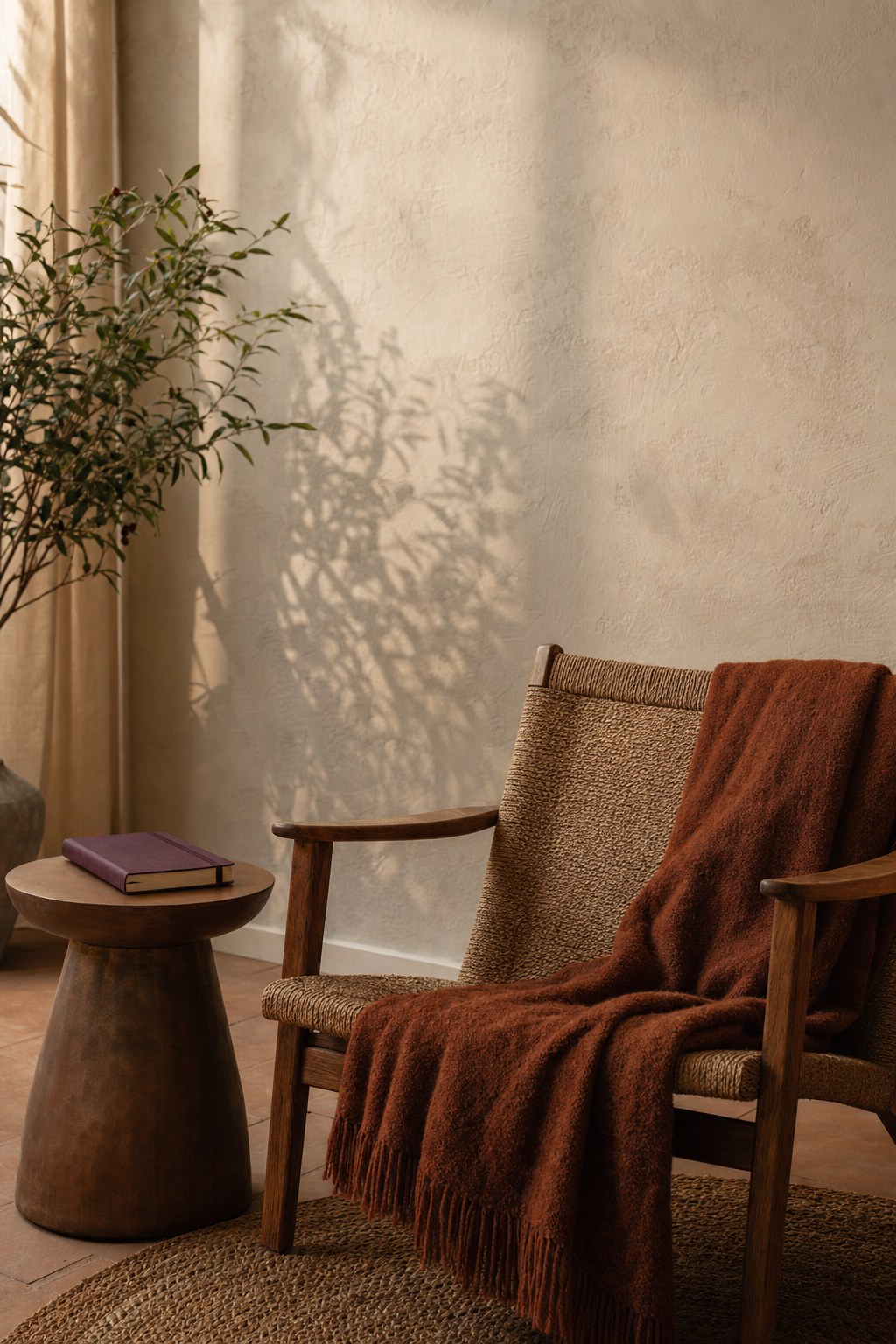 A warm reading corner with a journal and rust-colored throw