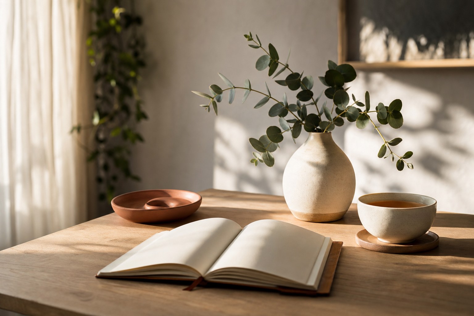 Journal, tea, and leafy branch on a sunlit table