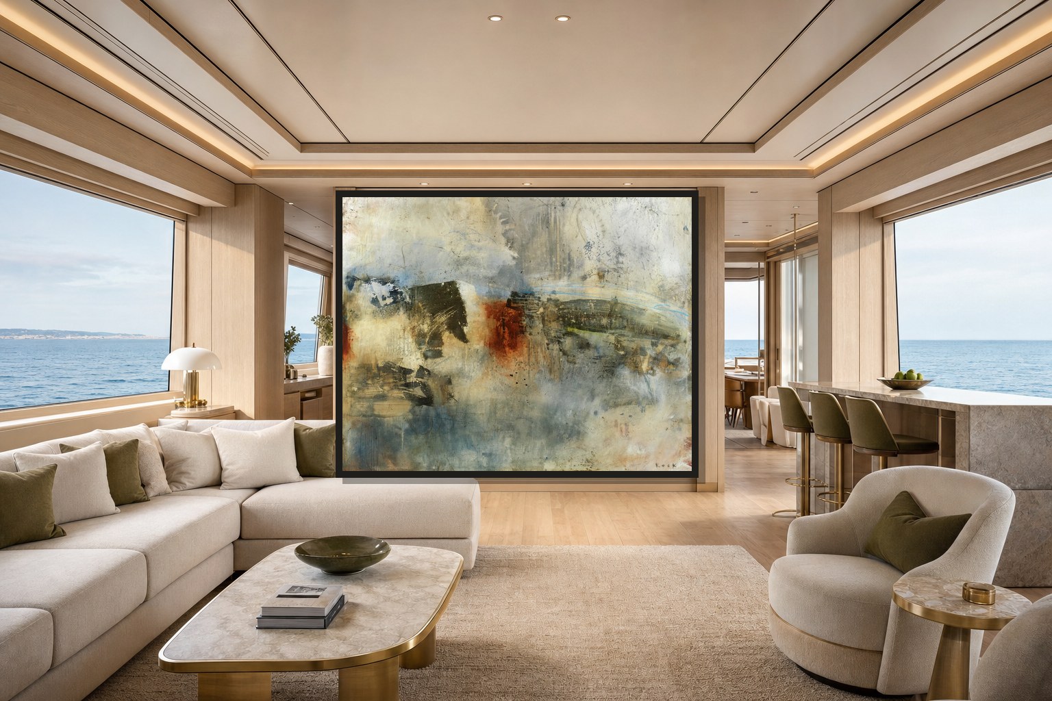 Michel Keck abstract artwork visualized in a high-end charter yacht salon with ocean views