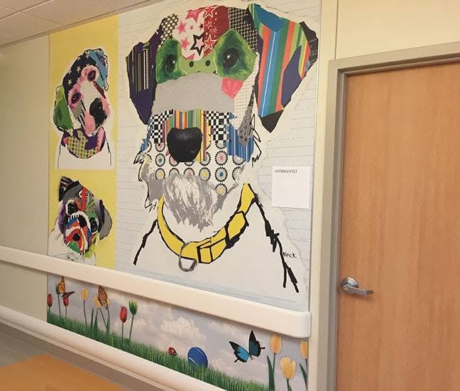 Michel Keck dog artwork installed in the Kaiser Permanente children’s wing