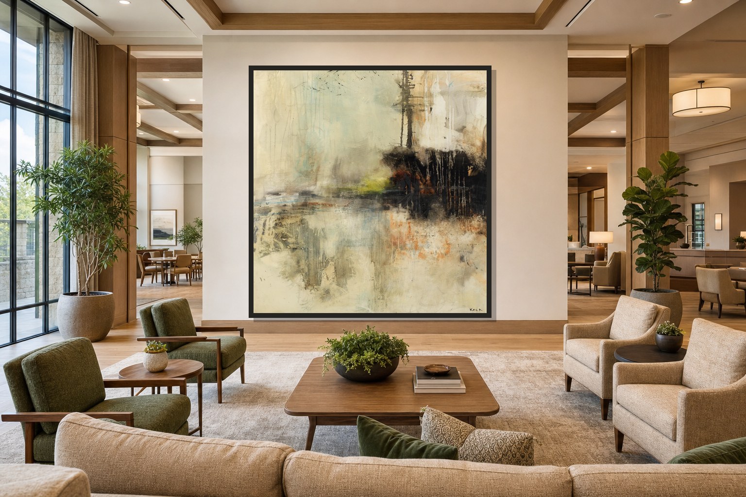 Michel Keck abstract painting visualized in an elevated senior living lounge