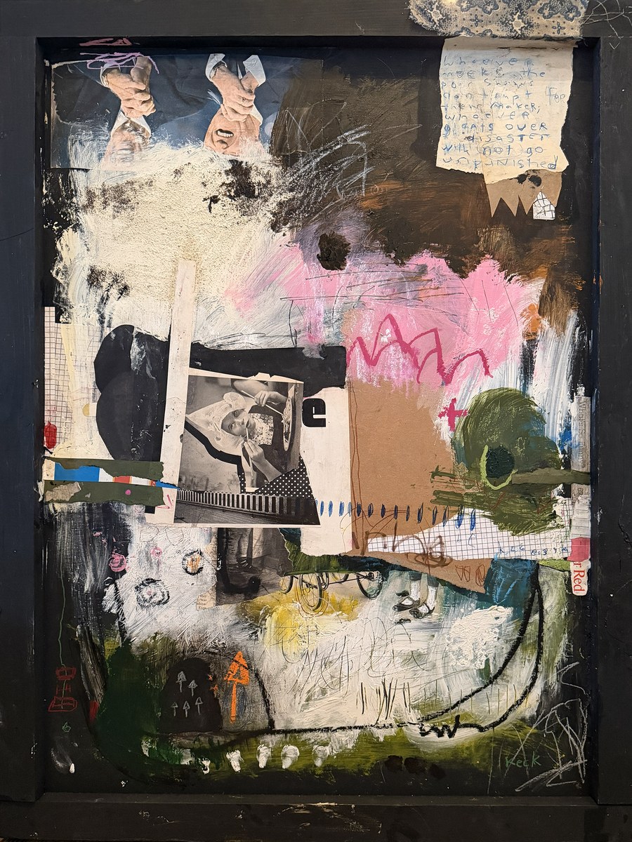 What’s So Funny? original mixed-media collage on wood by Michel Keck