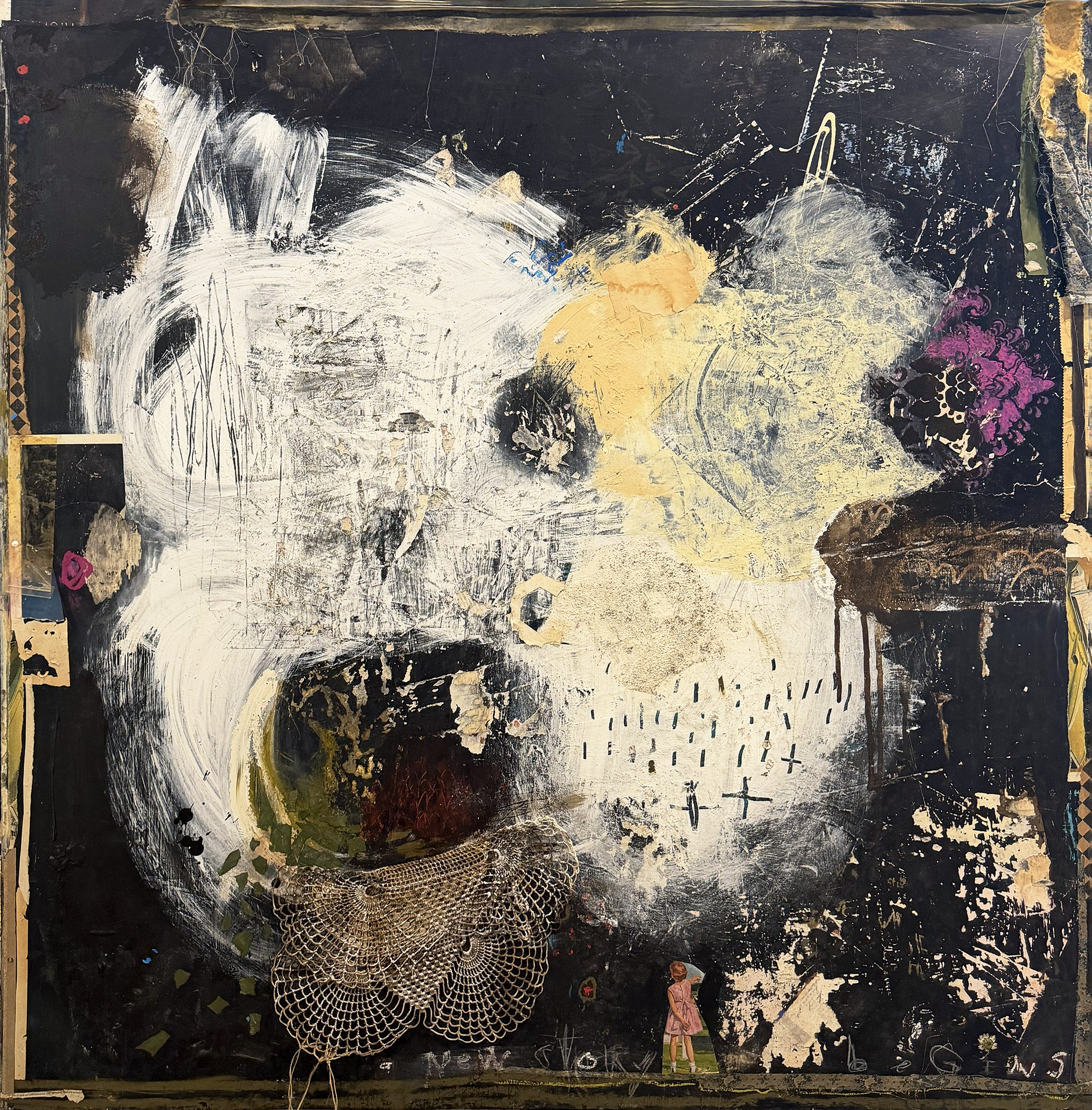 Abstract artwork with cream and yellow gestures, dark layers, handwritten marks and lace-like textures