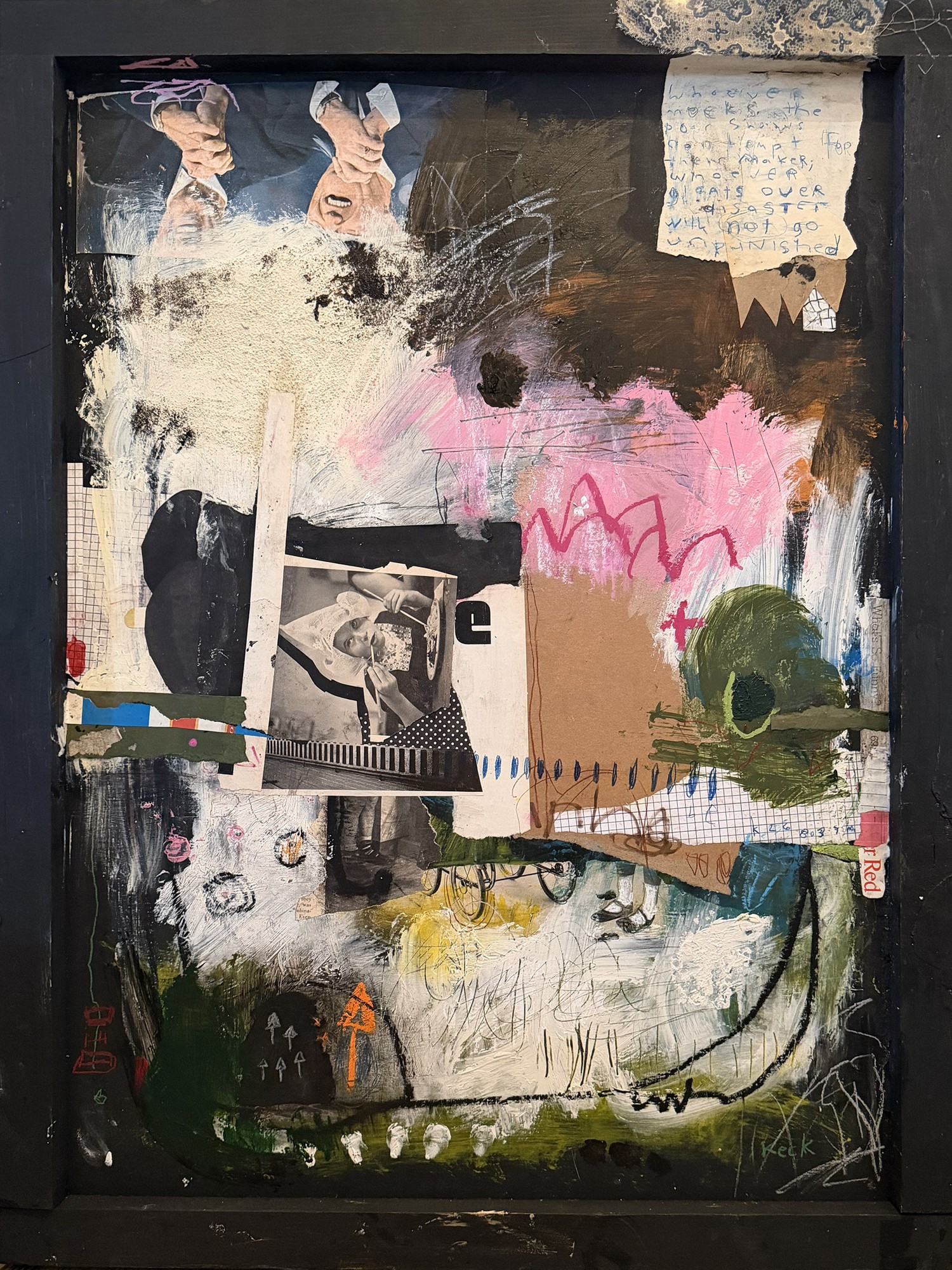 Mixed media artwork with torn paper, pink and white paint, black gestures and green accents in a dark frame