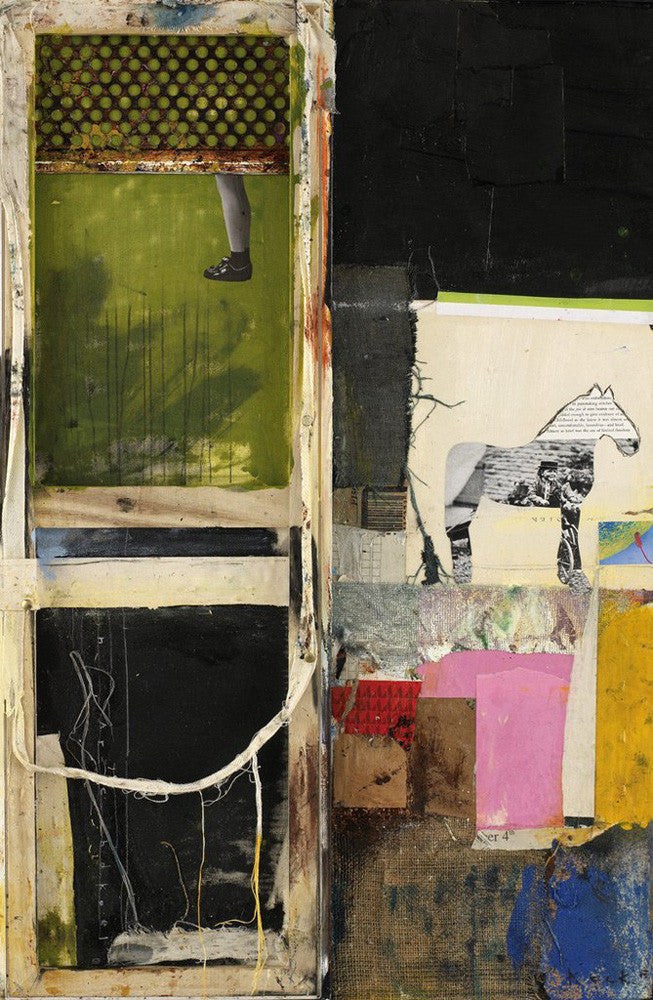 Michel Keck mixed-media assemblage featuring a vertical wooden frame with green and black textured panels, a partial black-and-white photo of a leg, layered torn paper including a horse silhouette, and patches of pink, yellow, and blue on a dark background.