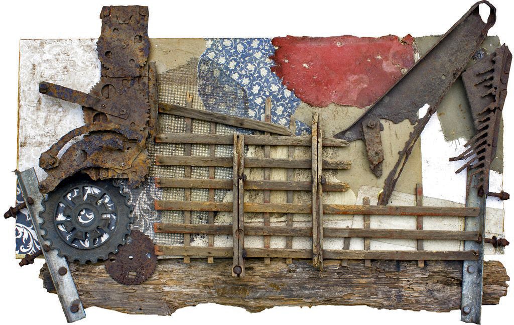 Michel Keck assemblage artwork featuring a horizontal wooden lattice framed by rusted metal scraps, gears, and textured fragments of patterned and painted paper, creating a layered, weathered composition on a white background.
