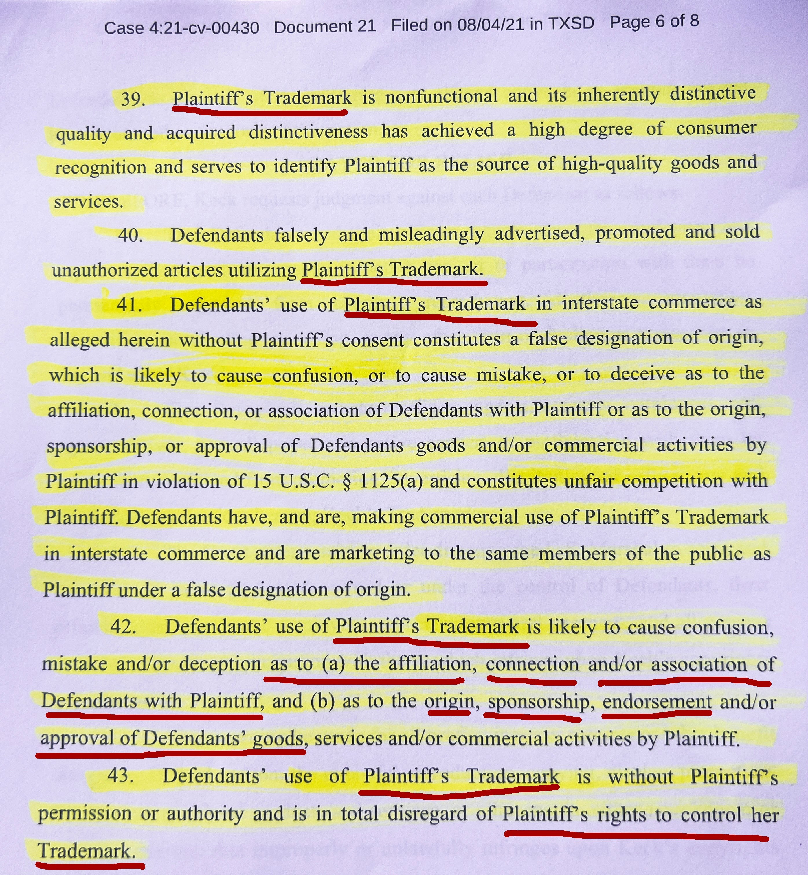 Photograph of a legal document page with multiple highlighted sections and underlined phrases focusing on Plaintiff's Trademark, its nonfunctional nature, consumer recognition, unauthorized use by Defendants, and related legal claims.