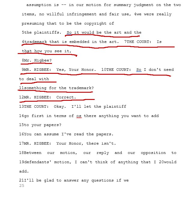 Screenshot of a legal transcript page showing a court discussion about art and trademark issues, with several lines underlined in red and typed text in black on a white background.
