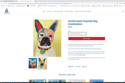 Screenshot of an online listing showing a colorful mixed-media dog artwork by Michel Keck featuring a stylized dog face with patchwork patterns in bright colors on a yellow background.