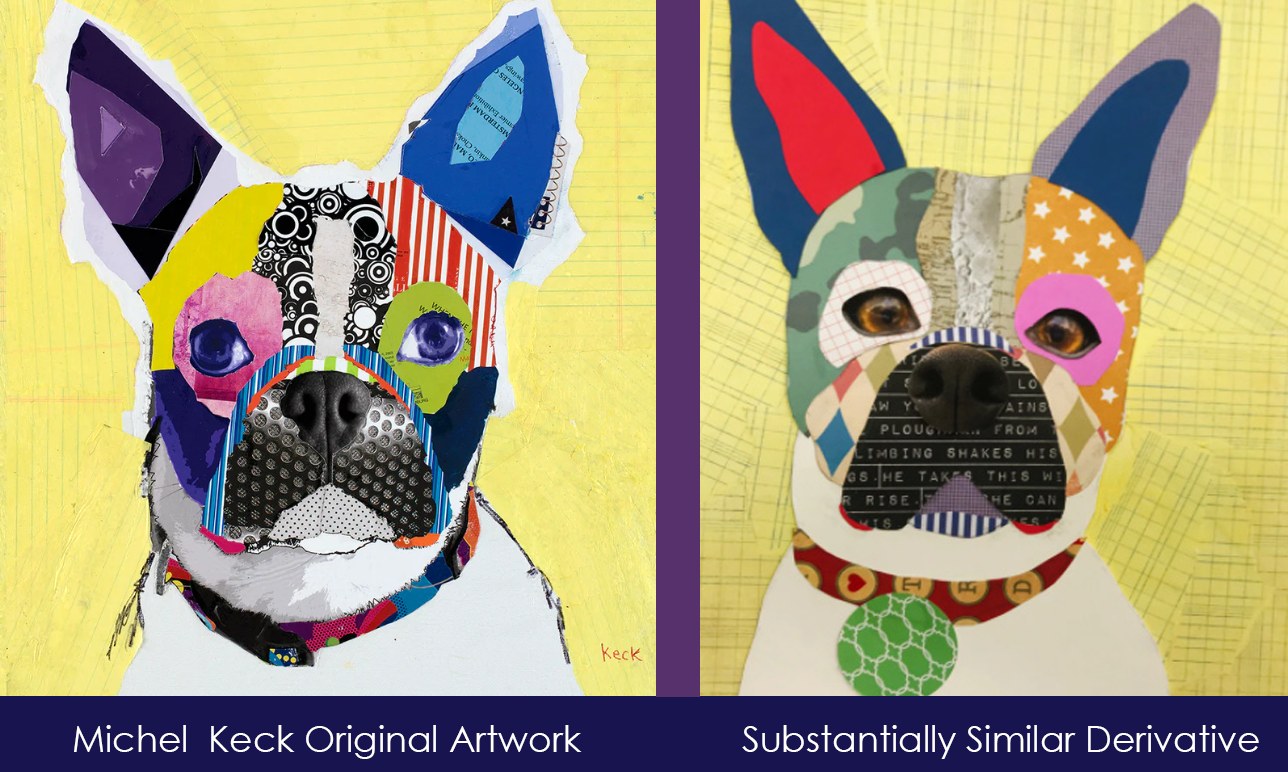 Side-by-side collage artworks of a dog with large ears against a yellow grid background, featuring colorful patterned paper pieces and photographic elements, attributed to Michel Keck on the left and a similar derivative on the right.
