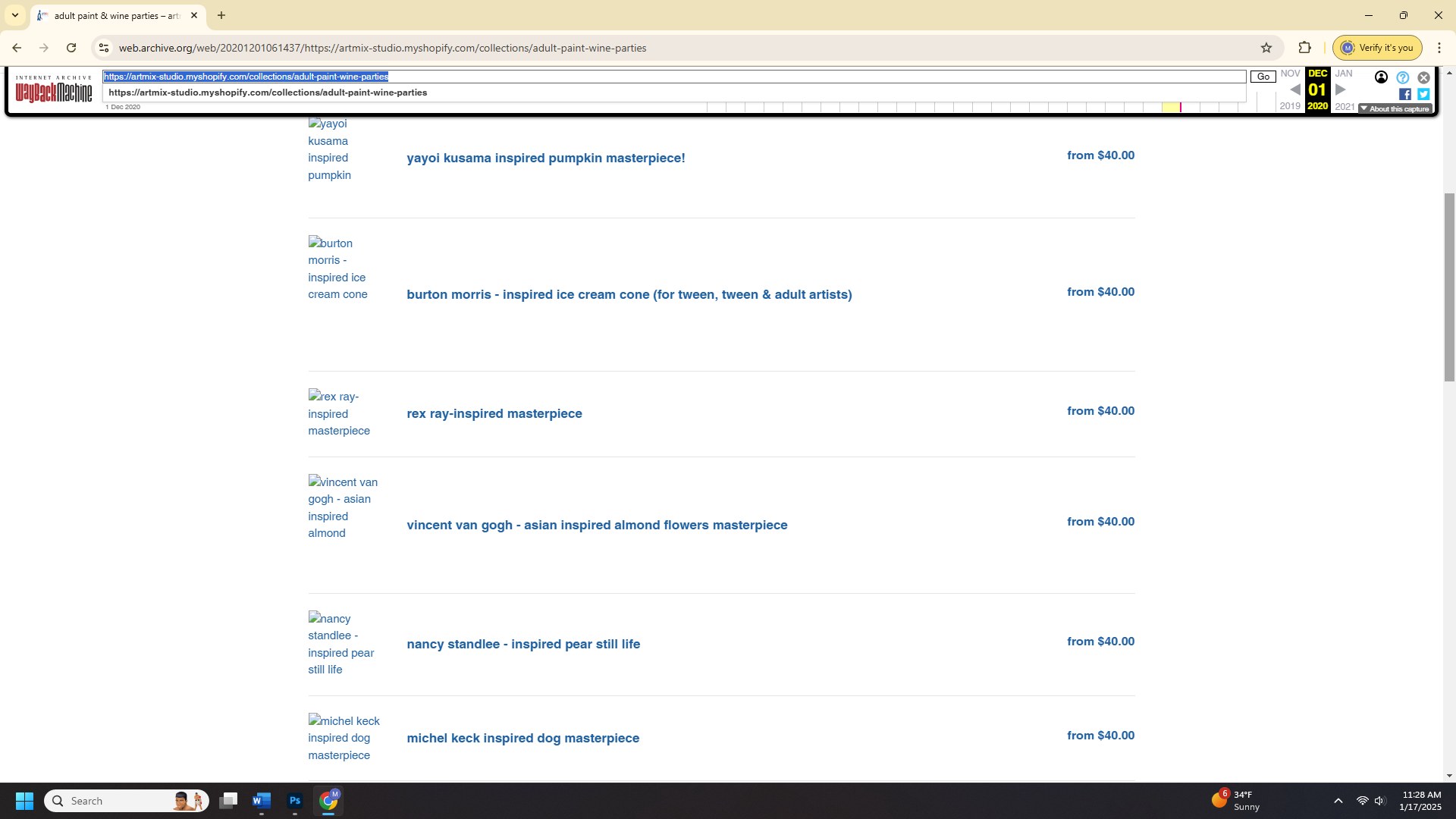 Screenshot of an online listing page showing various art-inspired painting party options with titles and prices, including a Michel Keck inspired dog masterpiece priced from $40.00, displayed on a white background with blue text.