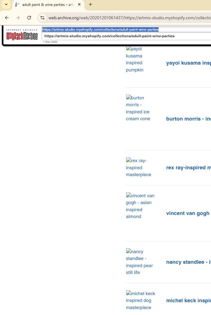 Screenshot of an archived webpage showing a vertical list of adult paint and wine party art collections with text links and broken image icons, including references to works inspired by Yayoi Kusama, Burton Morris, Rex Ray, Vincent van Gogh, Nancy Standlee, and Michel Keck.