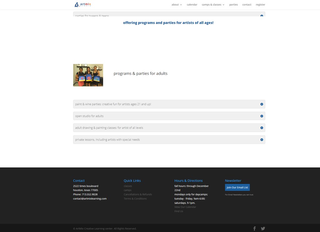 Screenshot of an online listing showing a webpage section titled programs and parties for adults with a small photo of three people holding colorful paintings. The page includes a list of adult art programs such as paint and wine parties, open studio, drawing and painting classes, and private lessons.