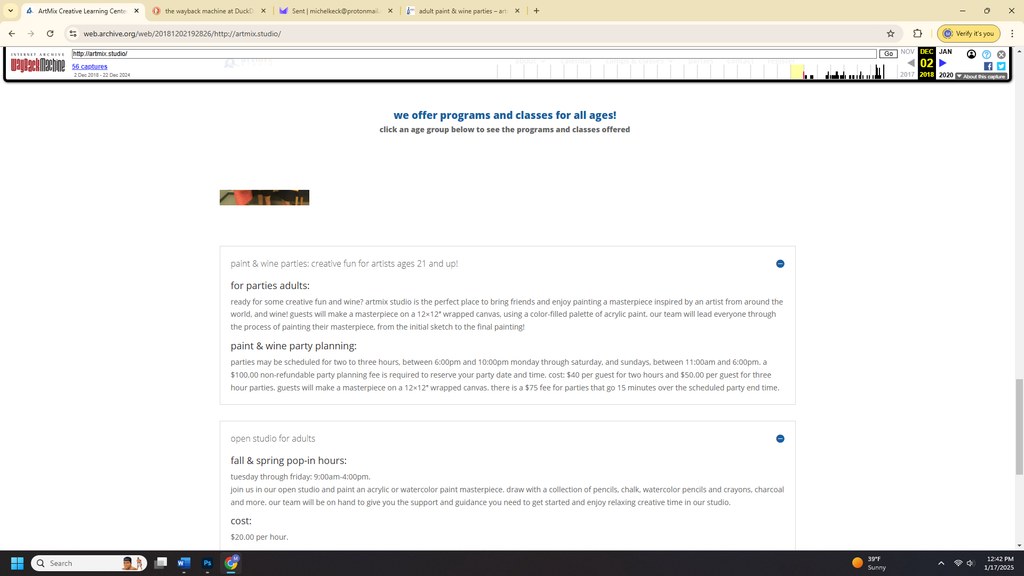Screenshot of an archived webpage from ArtMix Creative Learning Center showing text about paint and wine parties for adults and open studio hours, with a simple white background and blue headings, captured in a browser window with tabs and taskbar visible.