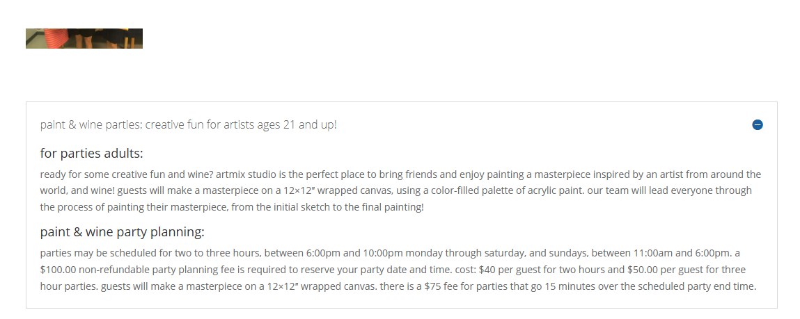 Screenshot of a webpage describing paint and wine parties for adults, detailing scheduling, fees, and the painting process on 12x12 wrapped canvases with acrylic paint at Artmix Studio.