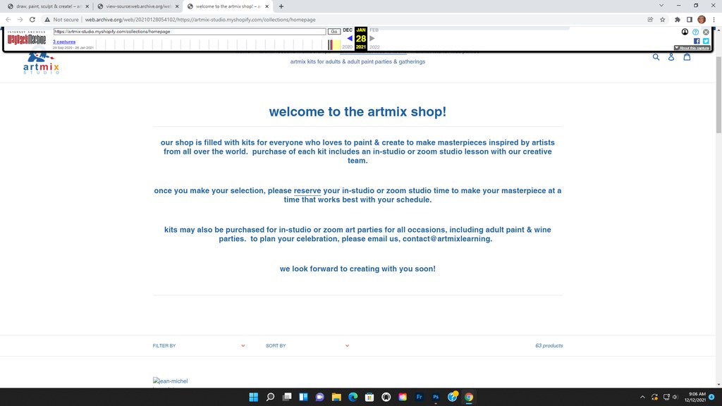 Screenshot of an online shop homepage with a white background and blue text welcoming visitors to purchase art kits for painting and creating, including options for in-studio or zoom lessons and parties, with a simple navigation bar at the top.