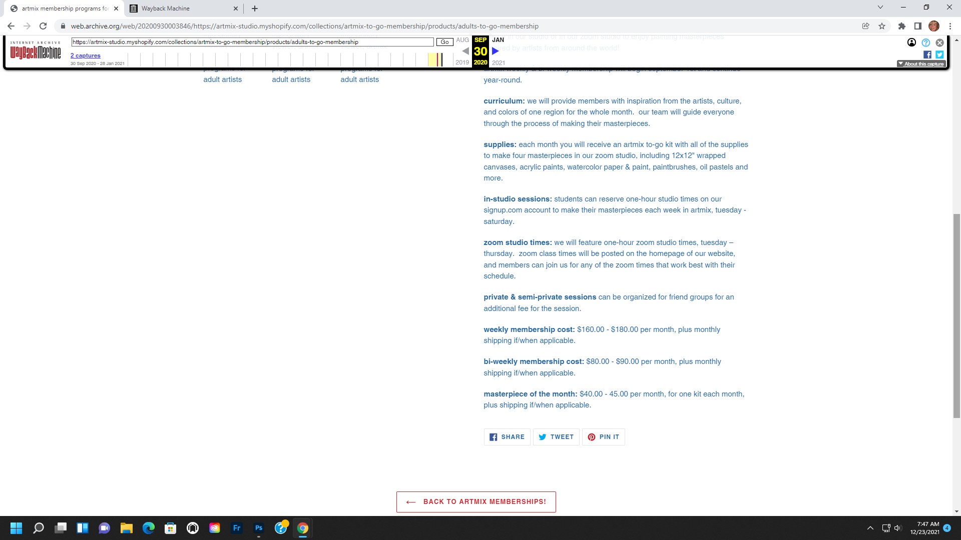 Screenshot of an archived webpage describing membership options for an art studio, listing curriculum, supplies, session types, and pricing details in blue and black text on a white background with browser interface visible.