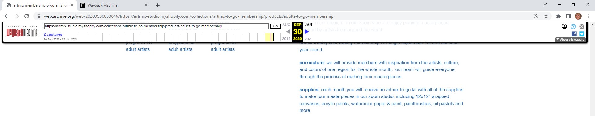 Screenshot of an archived webpage showing text about an art membership program offering monthly inspiration, curriculum guidance, and art supplies including canvases, paints, and brushes, with a white background and blue text, referencing Michel Keck.